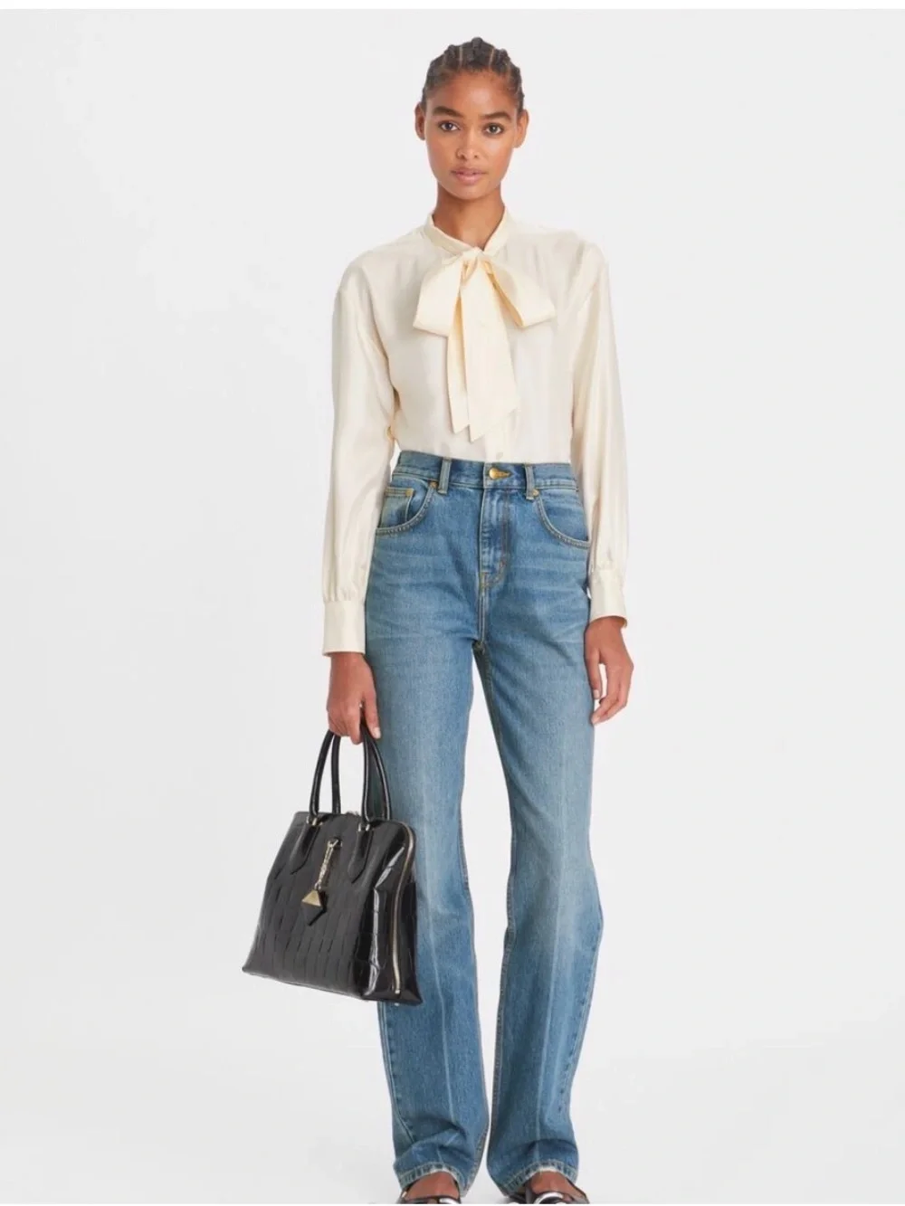 TORY BURCH • NWT silk bow blouse French cream size 2 button down top